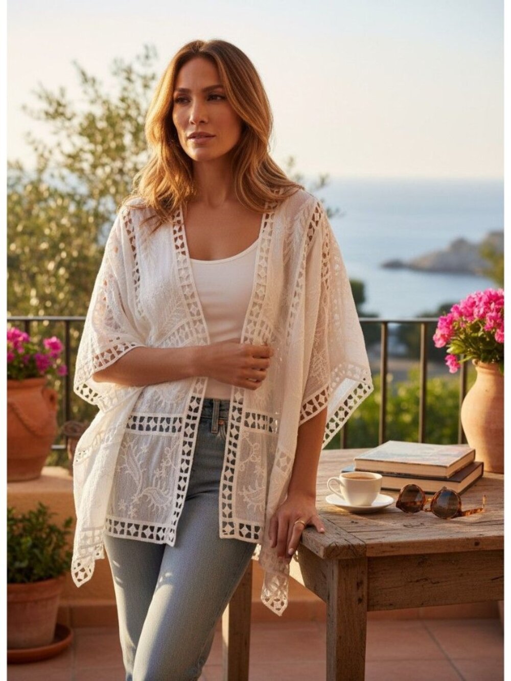 White Embroidered Open-Front Kimono With Crochet Accents